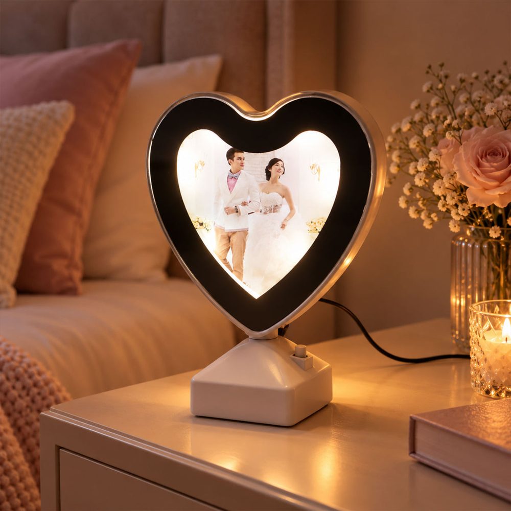 Heart glow mirror frame with a couple photo