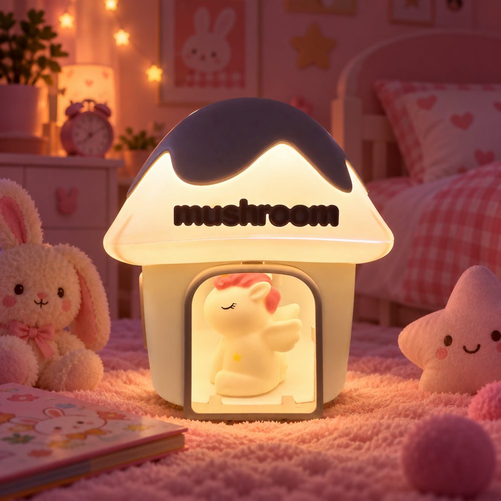 Mushroom house unicorn lamp glowing on a bedside table