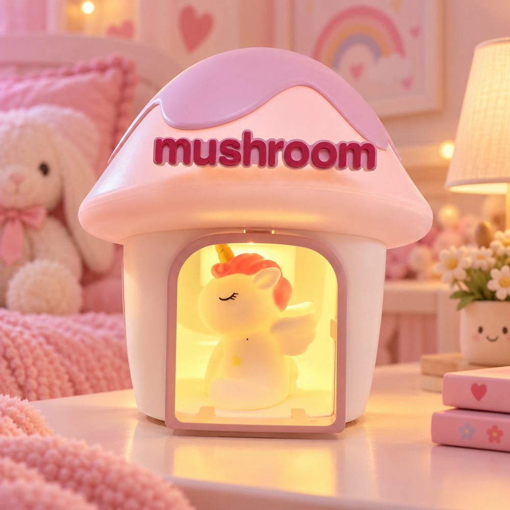 Unicorn mushroom lamp glowing in a kids room